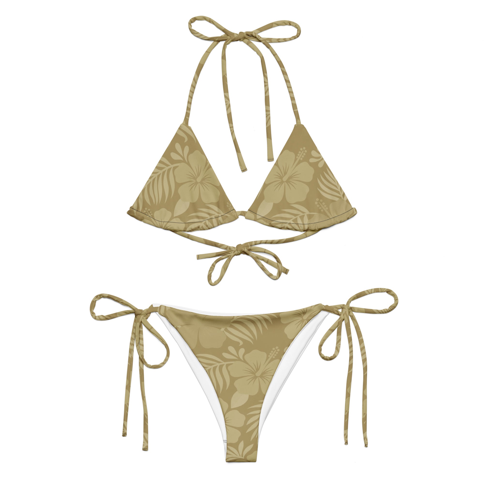 AI generated image of a Sand Hibiscus pattern recycled string bikini Product shot front