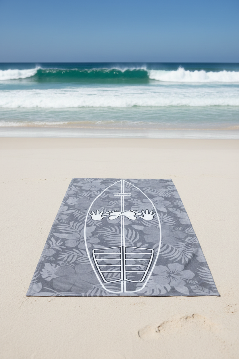 AI generated image of a Silver Grey Hibiscus Surf Pop-Up Training Mat – Oversized Quick-Dry Beach Towel with surf Stance Placement Guide on the beach