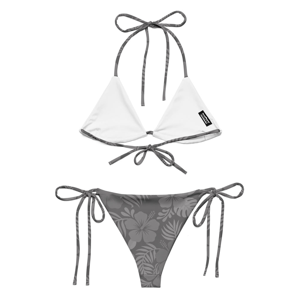 AI generated image of a Silver Grey Hibiscus pattern recycled string bikini Product shot back