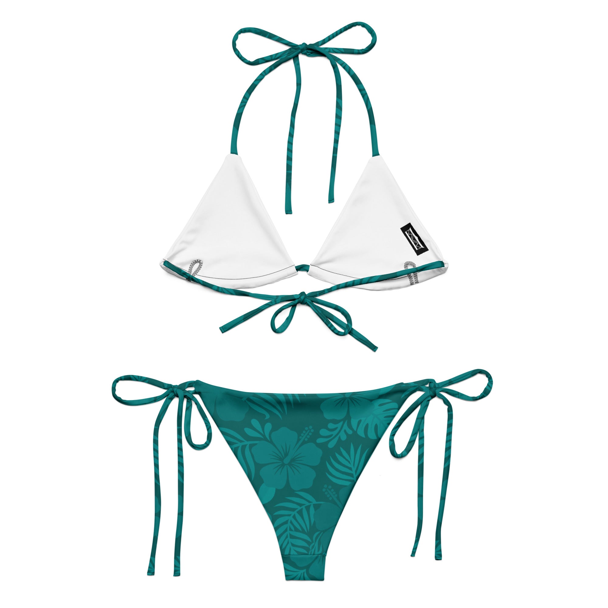 AI generated image of a Teal Hibiscus pattern recycled string bikini Product shot Back