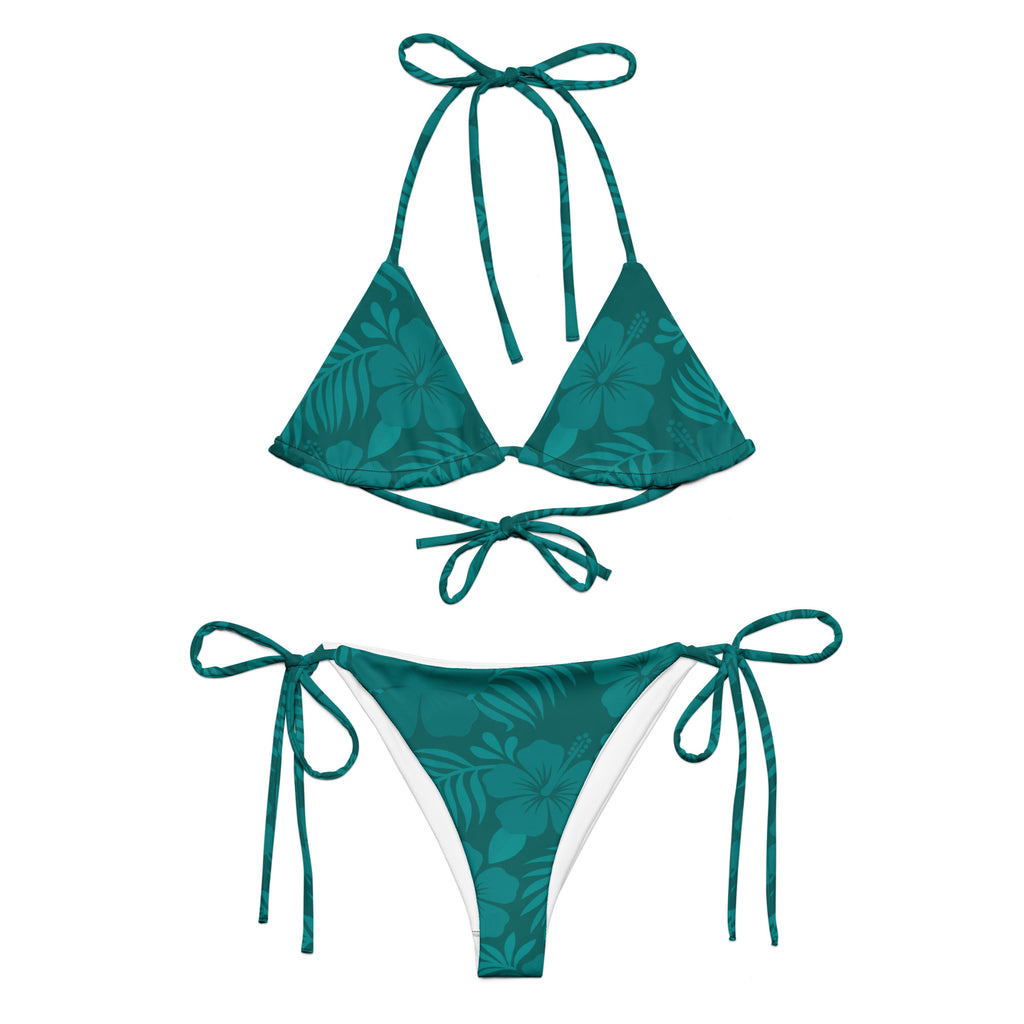 AI generated image of a Teal Hibiscus pattern recycled string bikini Product shot Front