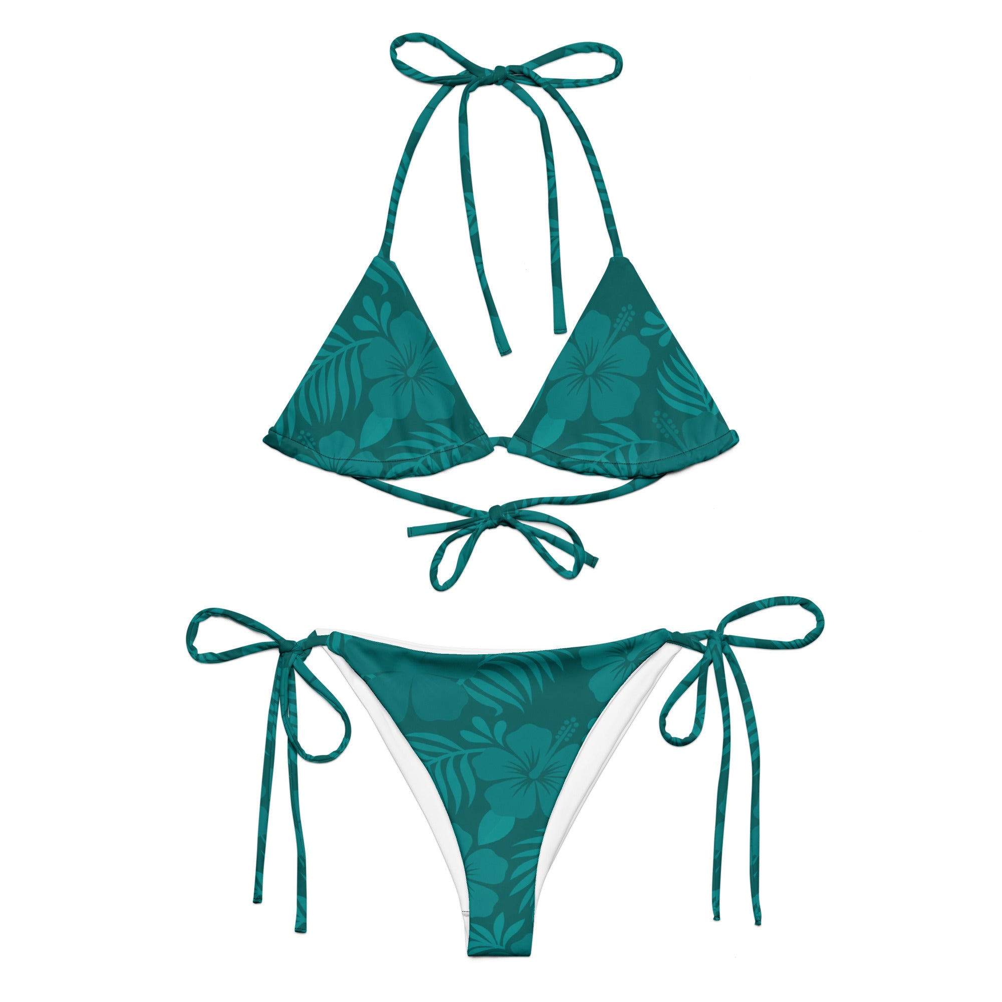 AI generated image of a Teal Hibiscus pattern recycled string bikini Product shot Front