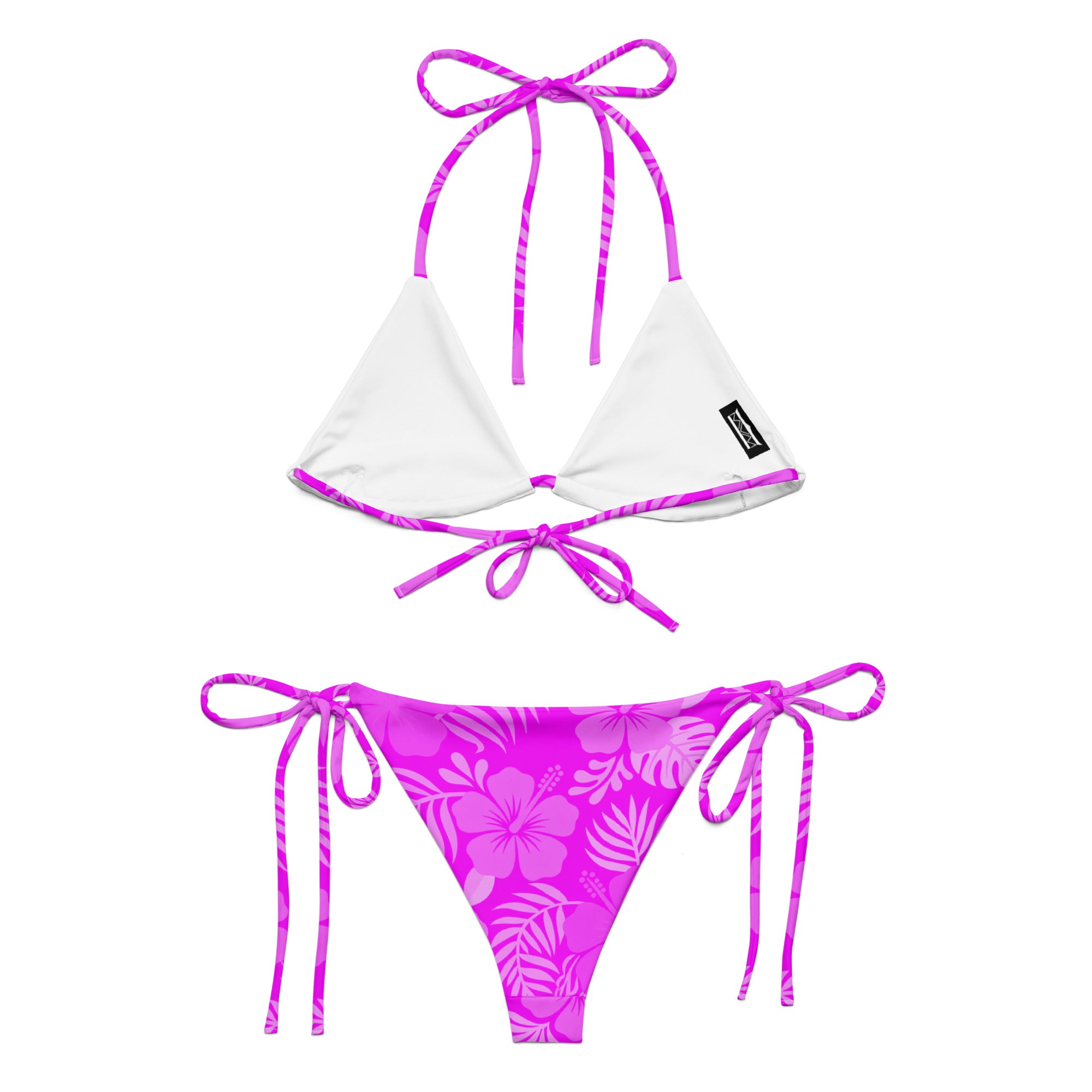 AI generated image of a pink Hibiscus pattern recycled string bikini Product shot back