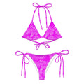 AI generated image of a pink Hibiscus pattern recycled string bikini Product shot front