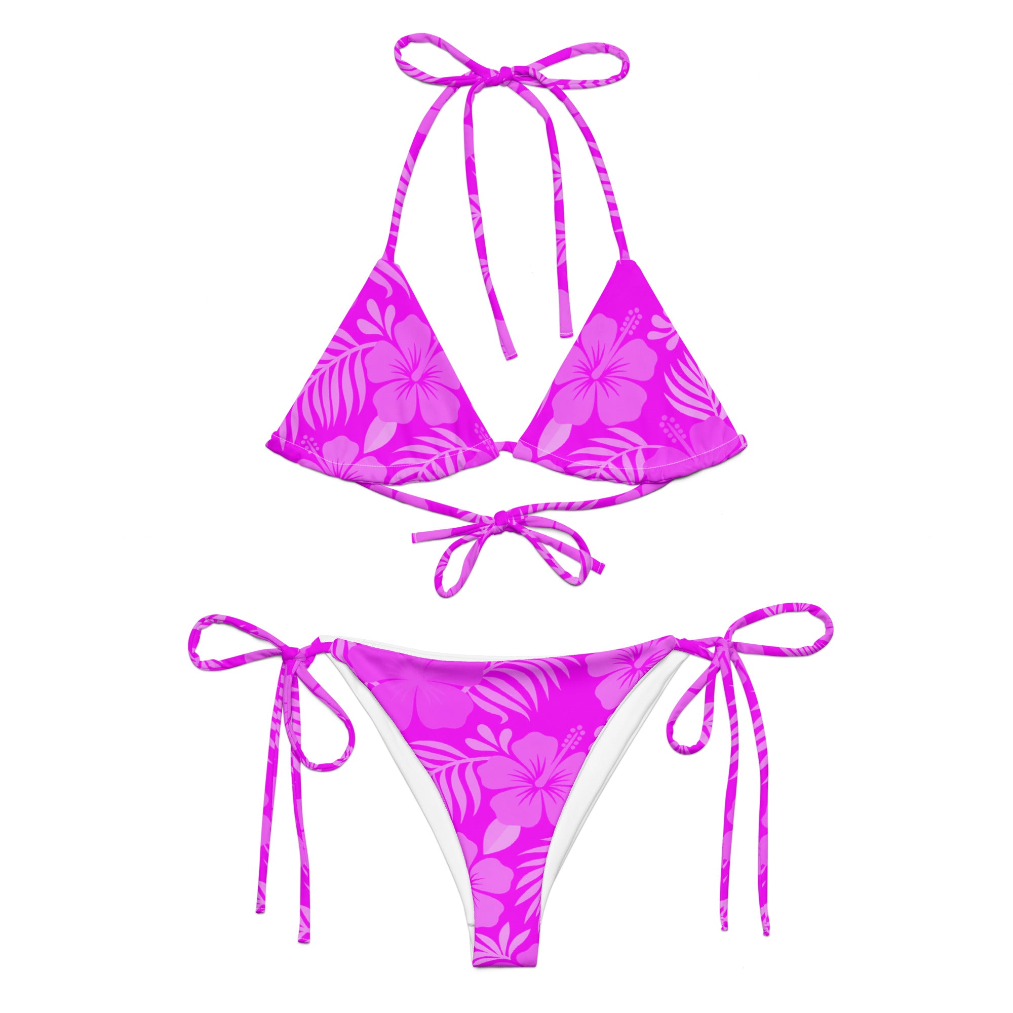 AI generated image of a pink Hibiscus pattern recycled string bikini Product shot front