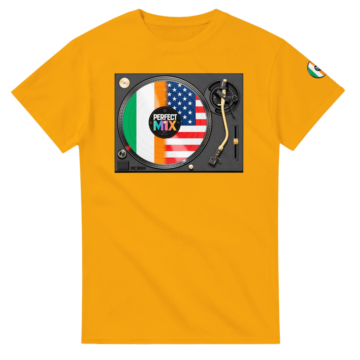 AI generated image of an Irish American perfect mix t-shirt gold