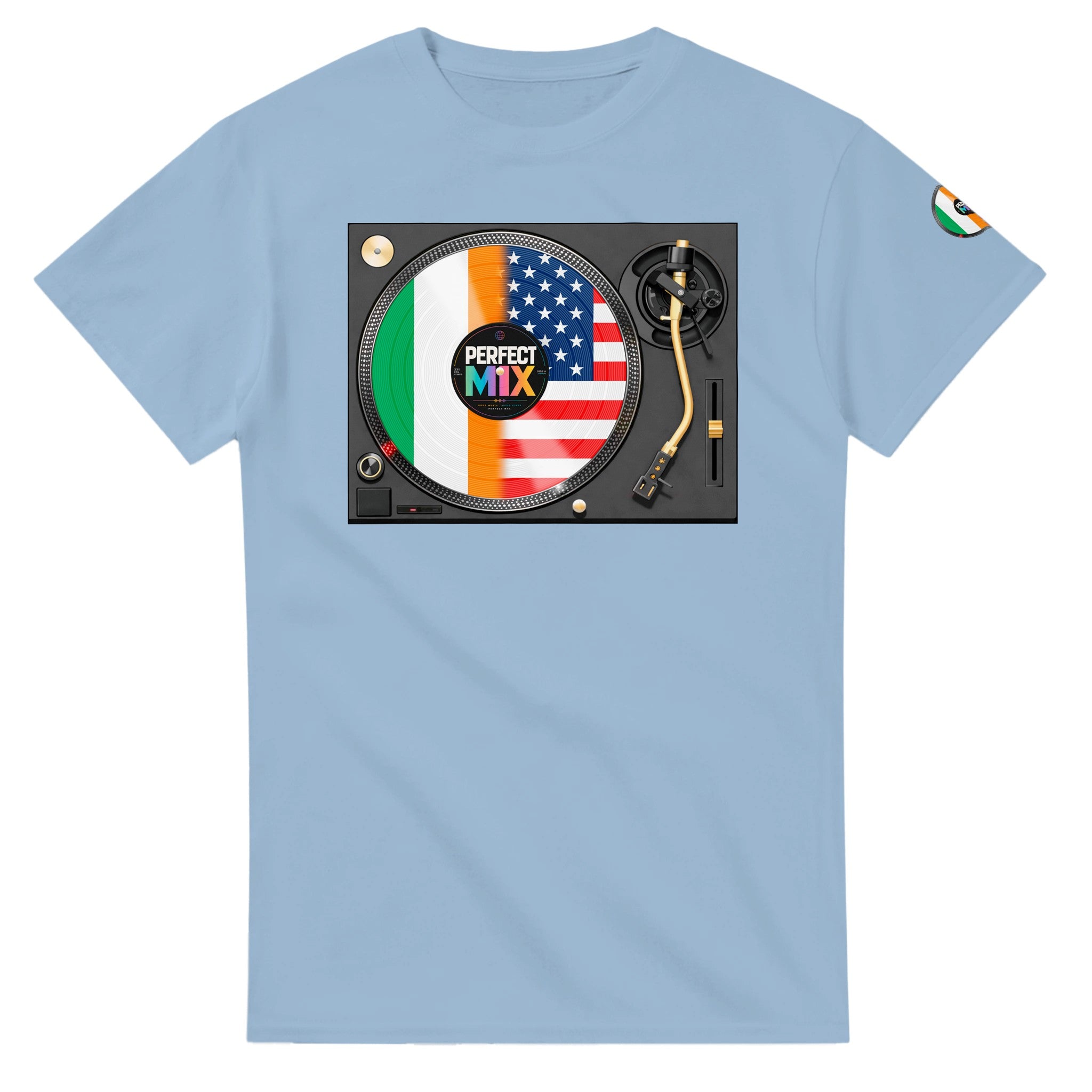 AI generated image of an Irish American perfect mix t-shirt light blue