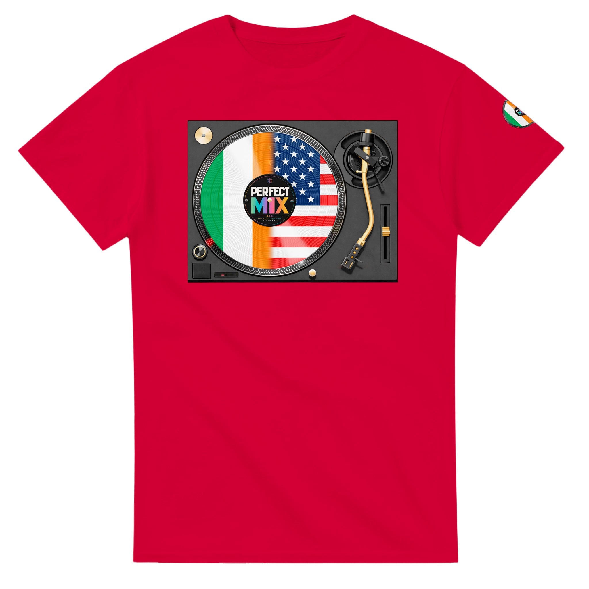 AI generated image of an Irish American perfect mix t-shirt red