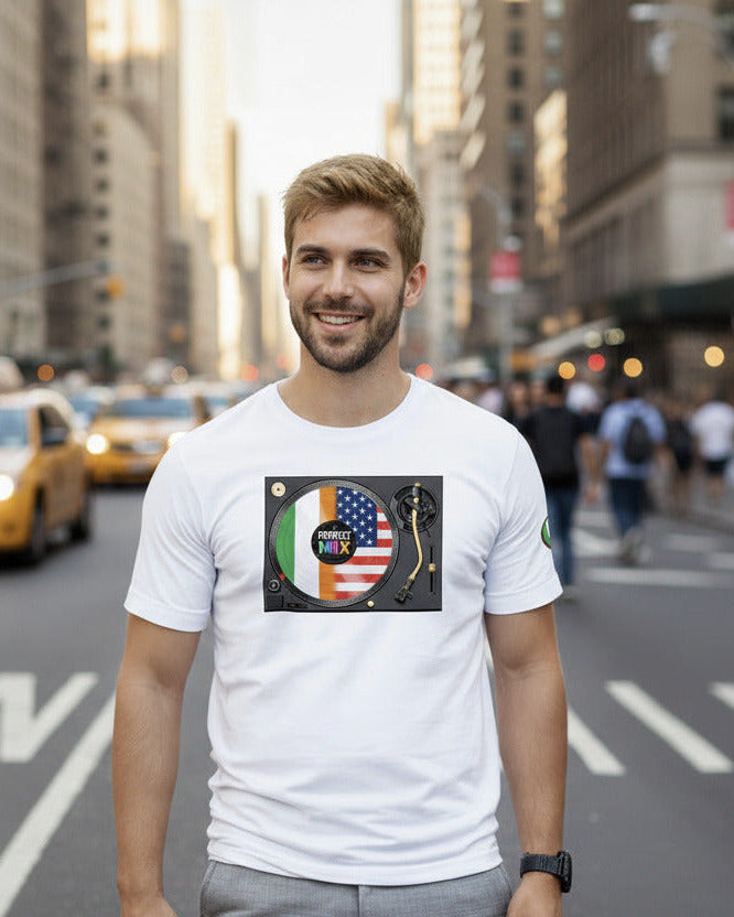 AI generated image of an Irish American perfect mix t-shirt white NY guy