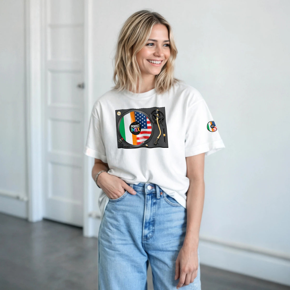 AI generated image of an Irish American perfect mix t-shirt white girl