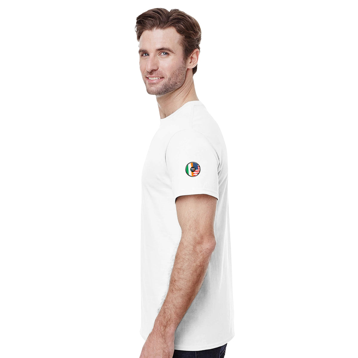 AI generated image of an Irish American perfect mix t-shirt white guy in studio 2