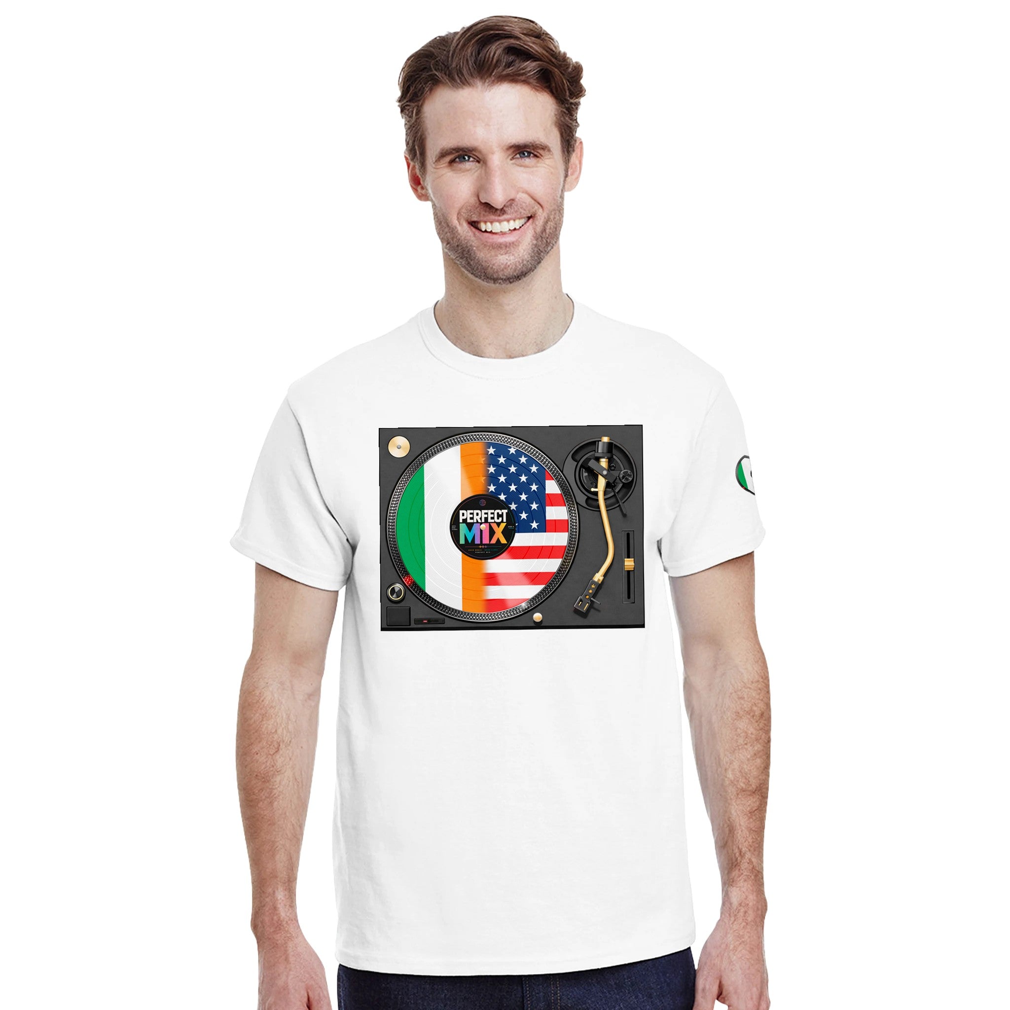 AI generated image of an Irish American perfect mix t-shirt white guy in studio
