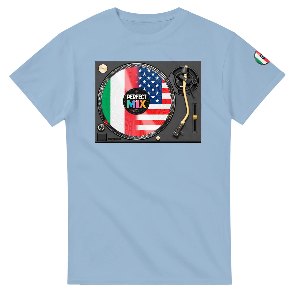 AI generated image of an Italian American Perfect Mix T-shirt Light Blue