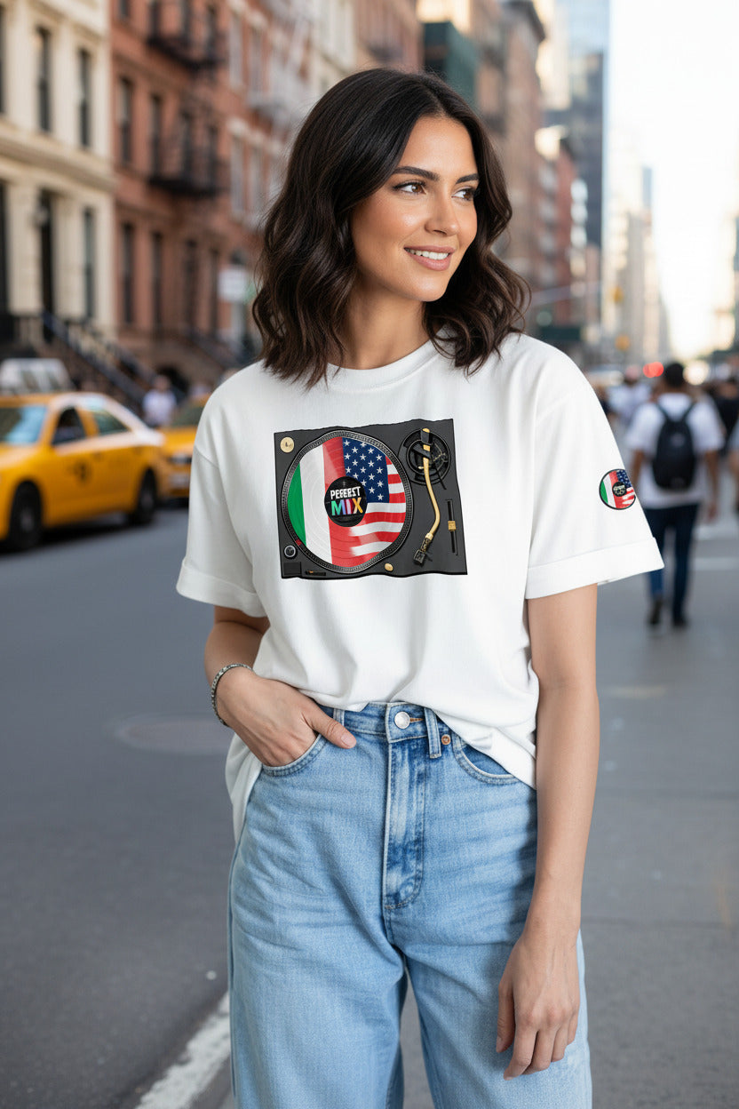 AI generated image of an Italian American Perfect Mix T-shirt White Girl NY