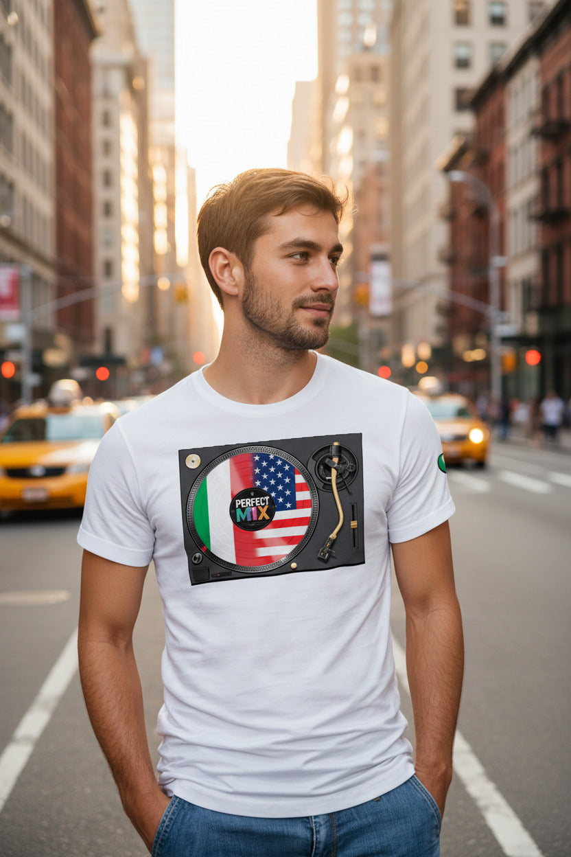AI generated image of an Italian American Perfect Mix T-shirt White Guy NY