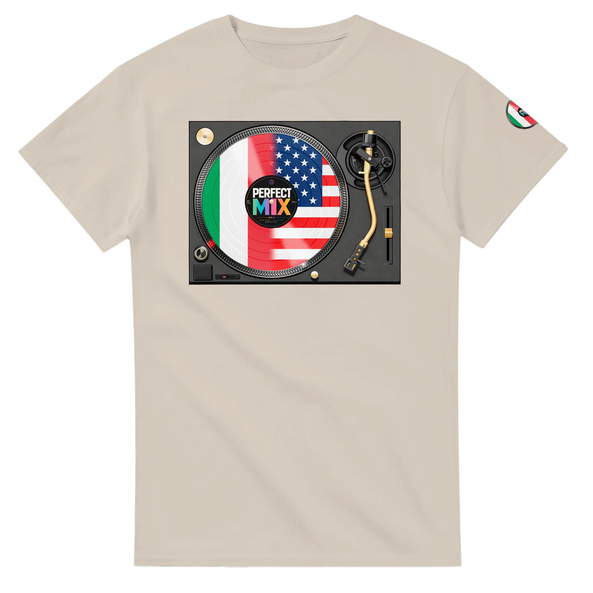 AI generated image of an Italian American Perfect Mix T-shirt sand