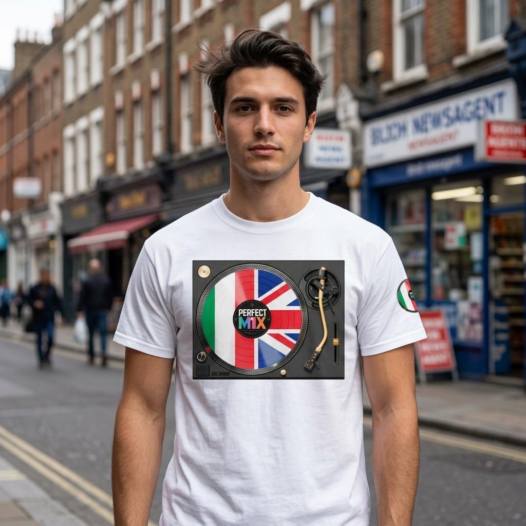 AI generated image of a A man wearing a white  Italian British mixed heritage T shirt with a graphic print of a DJ turntable and vinyl record featuring the Italian flag, the Union Jack, and the text 'PERFECT MIX'. The background is a blurred street scene with shops.white.