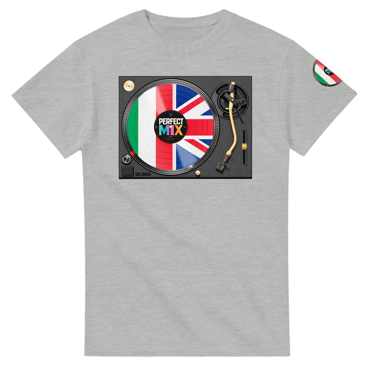 AI generated image of an Italian British – Mixed Heritage Perfect Mix Vinyl Turntable Graphic Tee  Ash Grey 