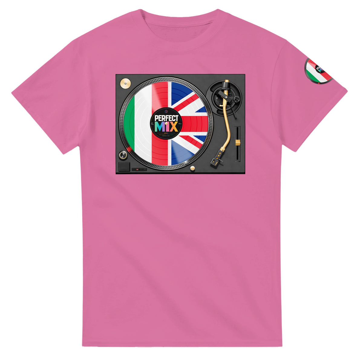 AI generated image of an Italian British – Mixed Heritage Perfect Mix Vinyl Turntable Graphic Tee Azalea pink