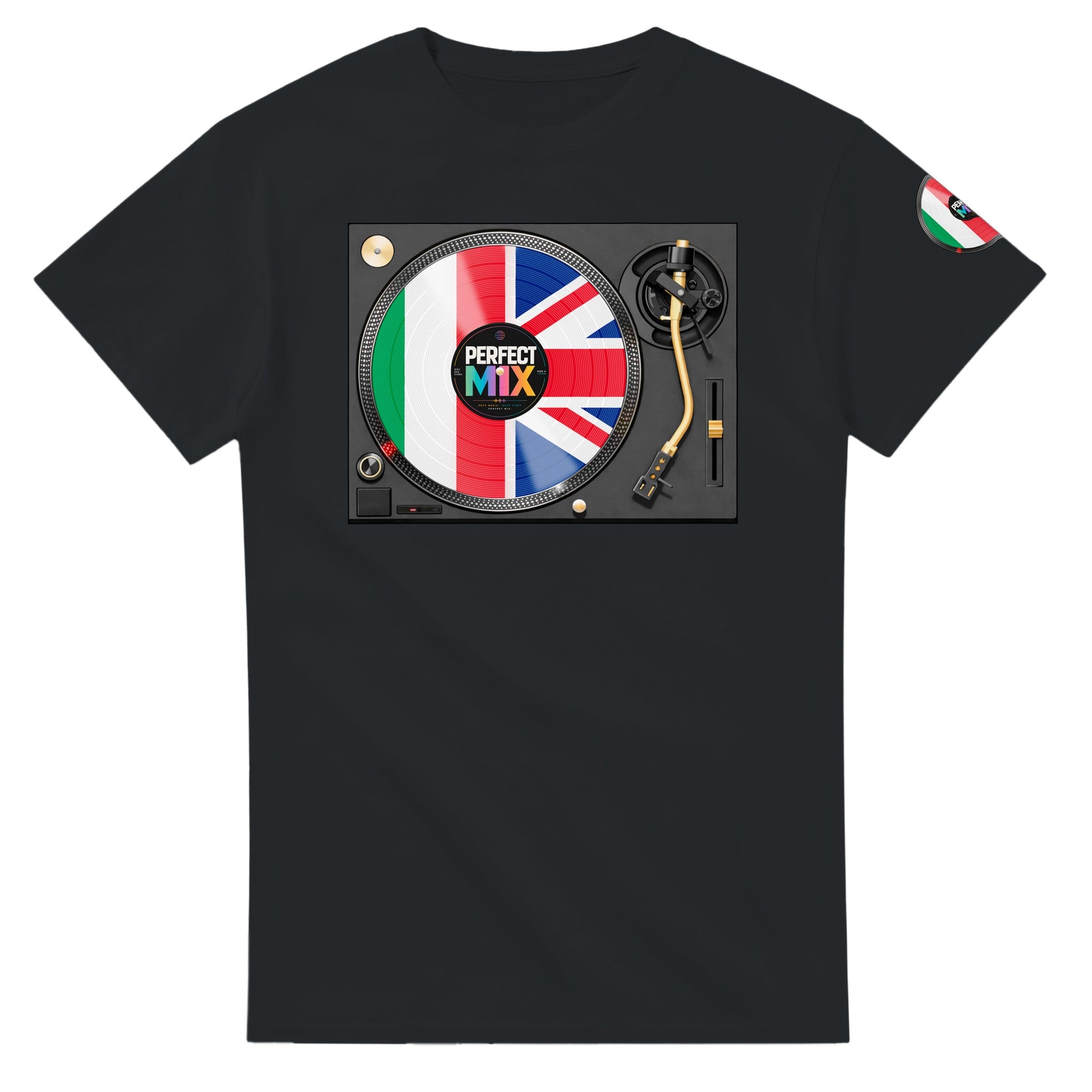 AI generated image of an Italian British – Mixed Heritage Perfect Mix Vinyl Turntable Graphic Tee Black