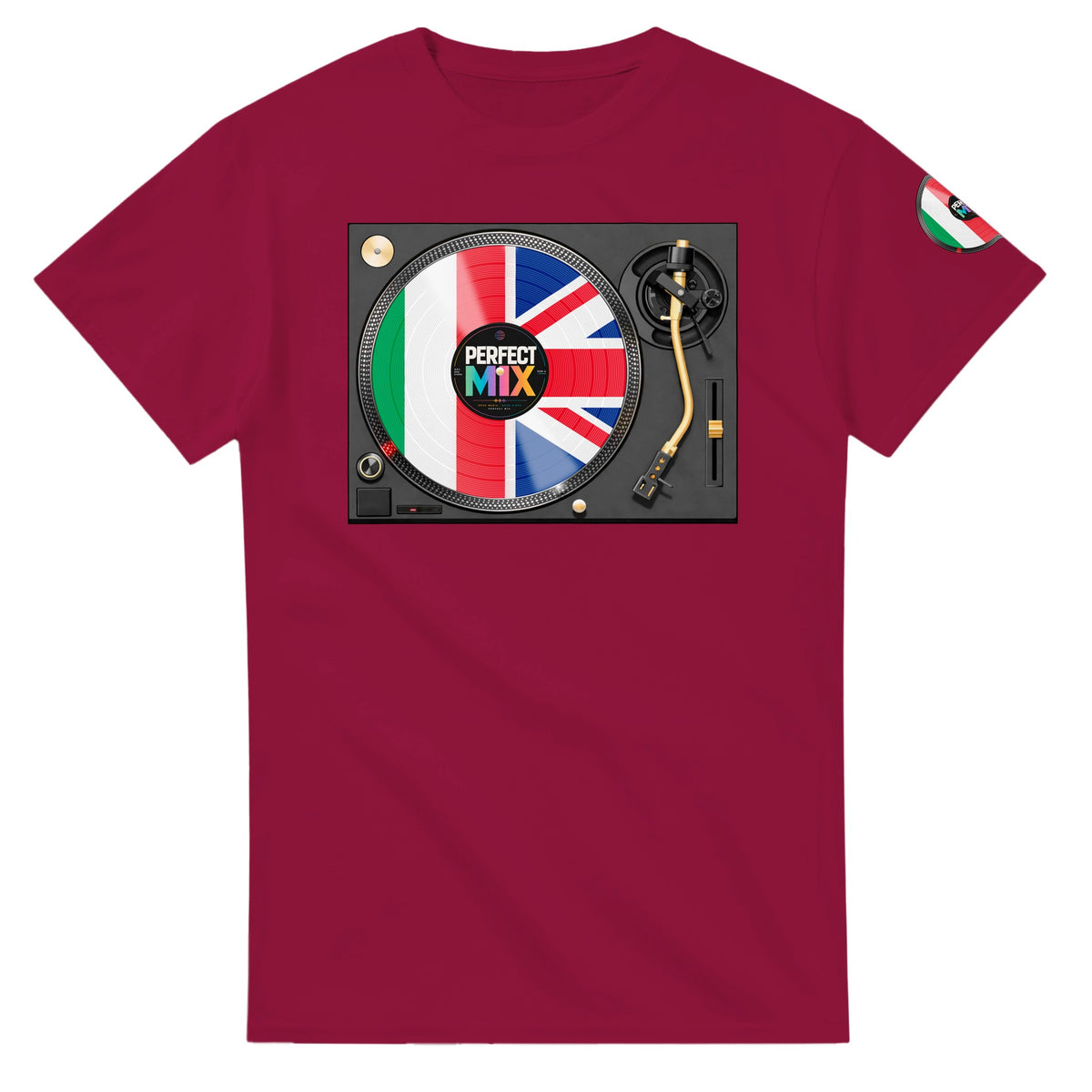 AI generated image of an Italian British – Mixed Heritage Perfect Mix Vinyl Turntable Graphic Tee Cardinal Red