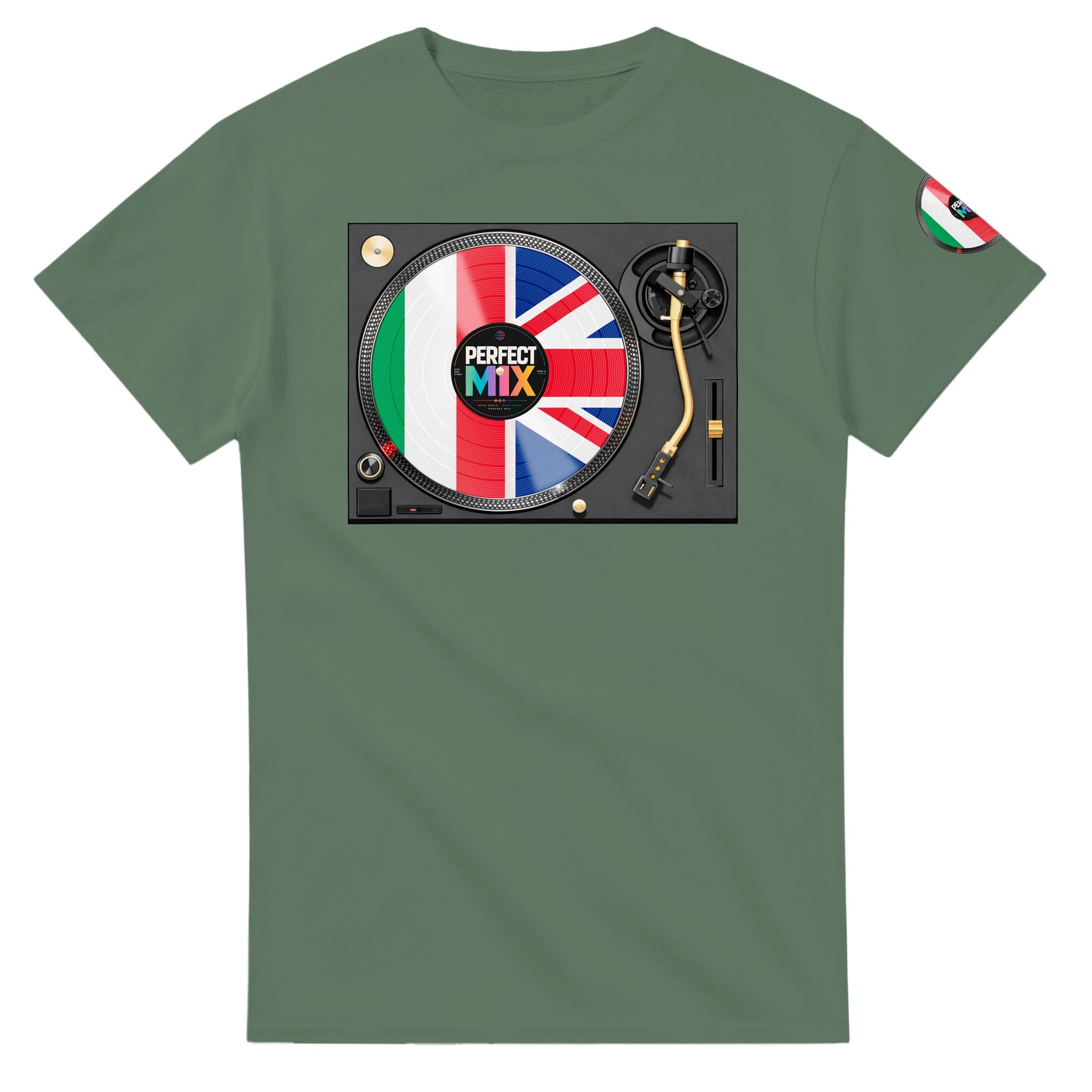 AI generated image of an Italian British – Mixed Heritage Perfect Mix Vinyl Turntable Graphic Tee  Green