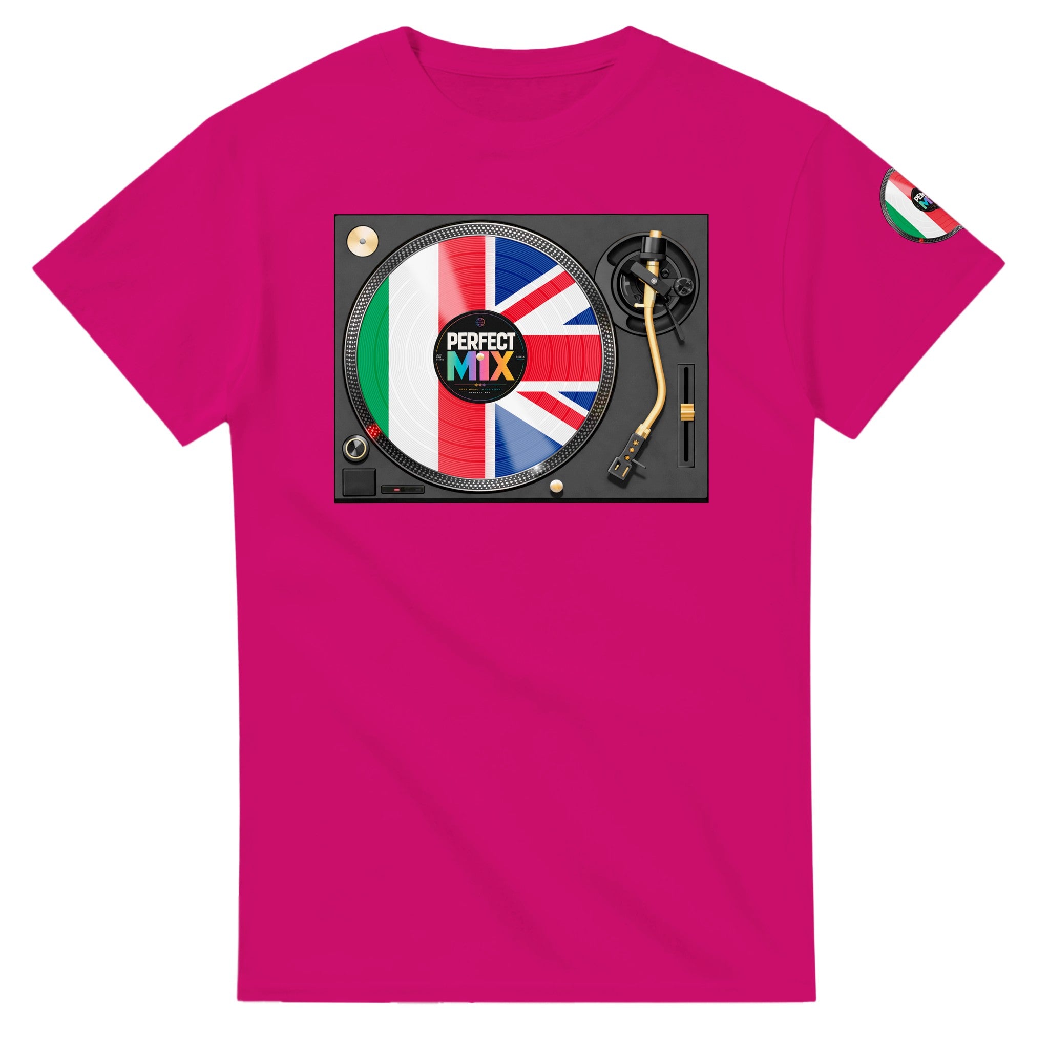 AI generated image of an Italian British – Mixed Heritage Perfect Mix Vinyl Turntable Graphic Tee Heliconia