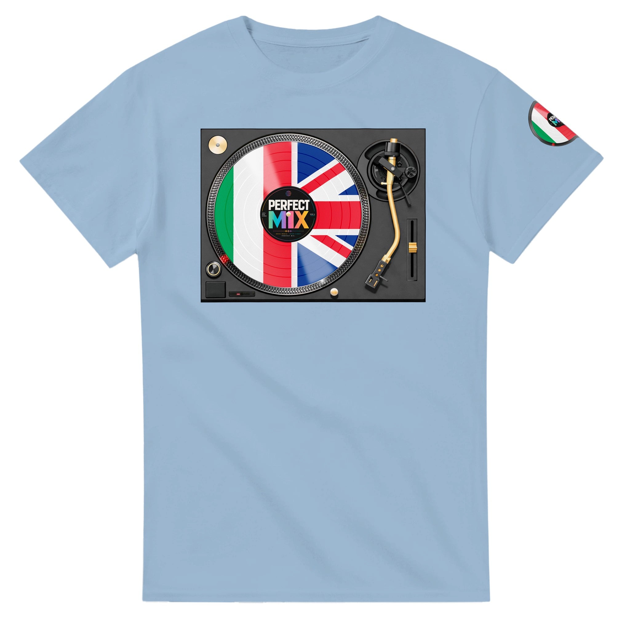 AI generated image of an Italian British – Mixed Heritage Perfect Mix Vinyl Turntable Graphic Tee Light Blue