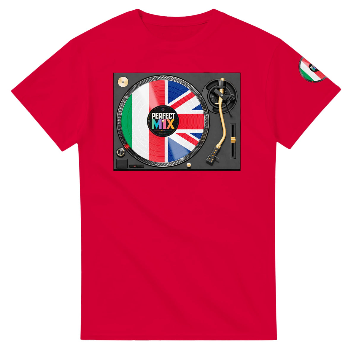 AI generated image of an Italian British – Mixed Heritage Perfect Mix Vinyl Turntable Graphic Tee Red