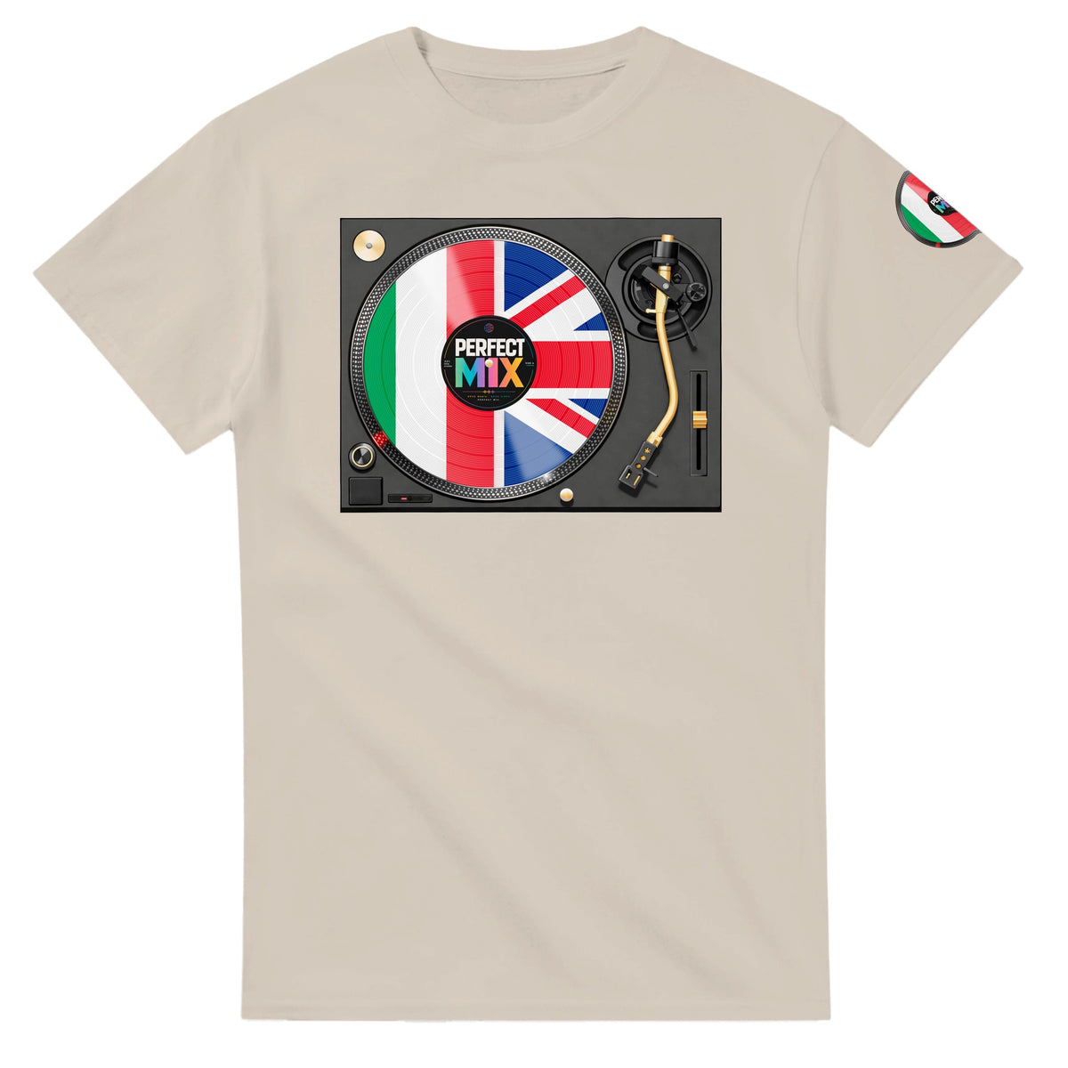 AI generated image of an Italian British – Perfect Mix Vinyl Turntable Graphic Tee Sand Mixed Heritage T Shirt