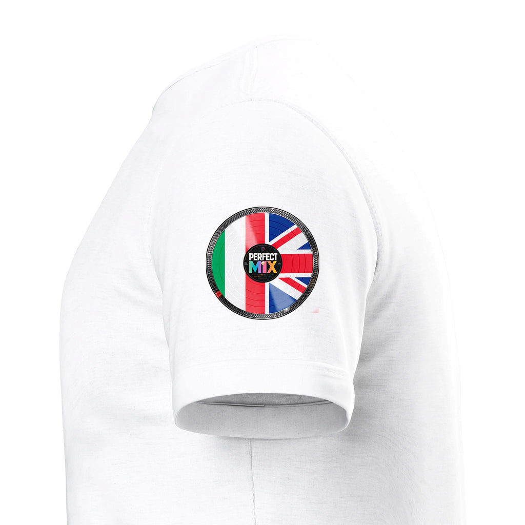 AI generated image of an Italian British – Perfect Mix Vinyl Turntable Graphic Tee White sleeve detail mixed heritage t shirt