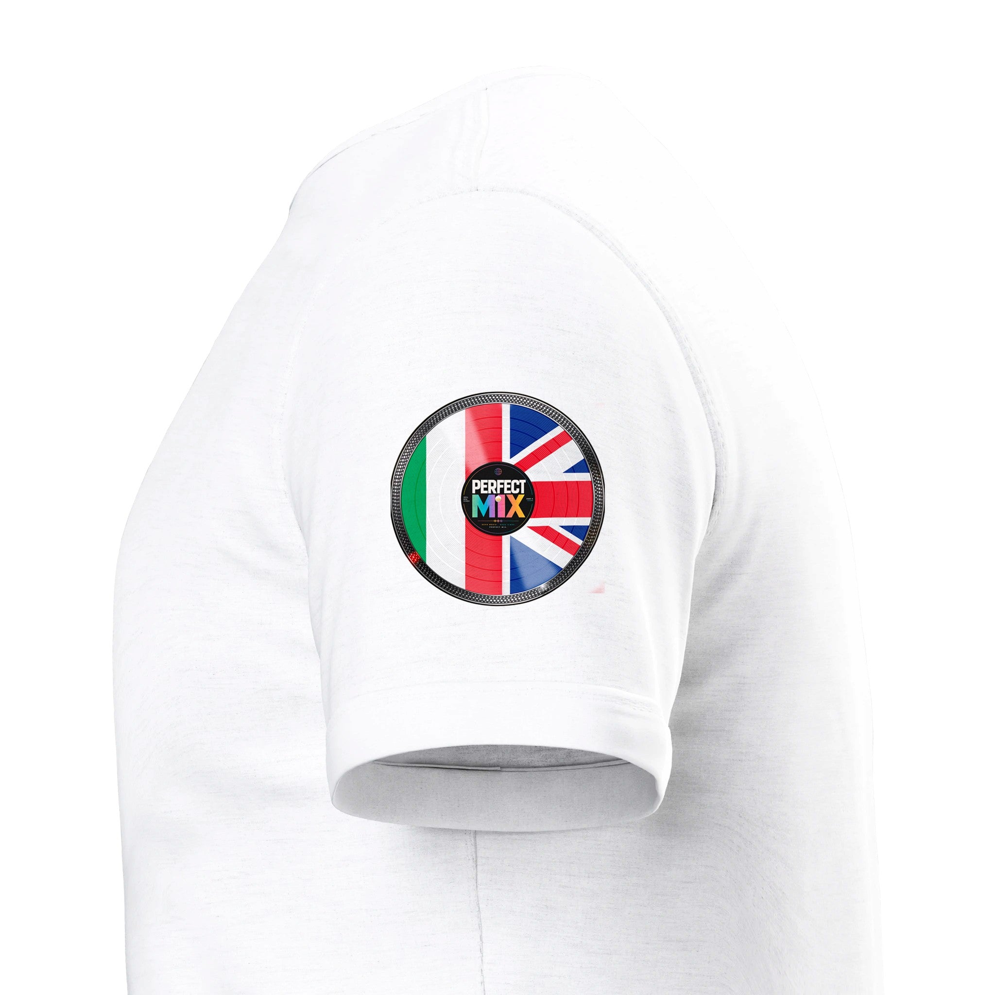 AI generated image of an Italian British – Perfect Mix Vinyl Turntable Graphic Tee White sleeve detail mixed heritage t shirt