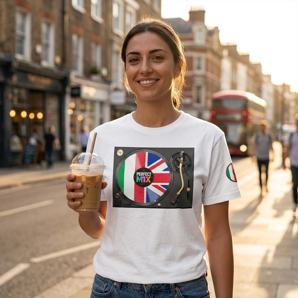 AI generated image of a woman standing on a London street at sunset wearing a white Italian British mixed heritage graphic T-shirt with a DJ turntable design featuring the Italian Flag fused with the Union Jack and the words 'Perfect Mix.' She is holding an iced coffee and wearing blue jeans.