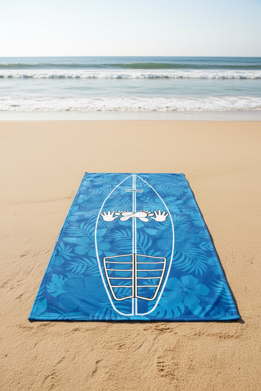 AI generated image of an Ocean Blue Hibiscus Surf Pop-Up Training Mat – Oversized Quick-Dry Beach Towel with Stance Placement Guide on a surf beach
