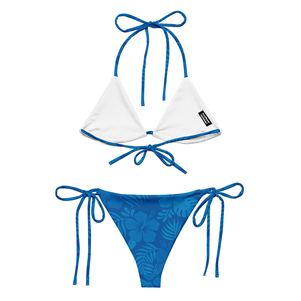 AI generated image of an Ocean Blue Hibiscus pattern recycled string bikini Product shot back