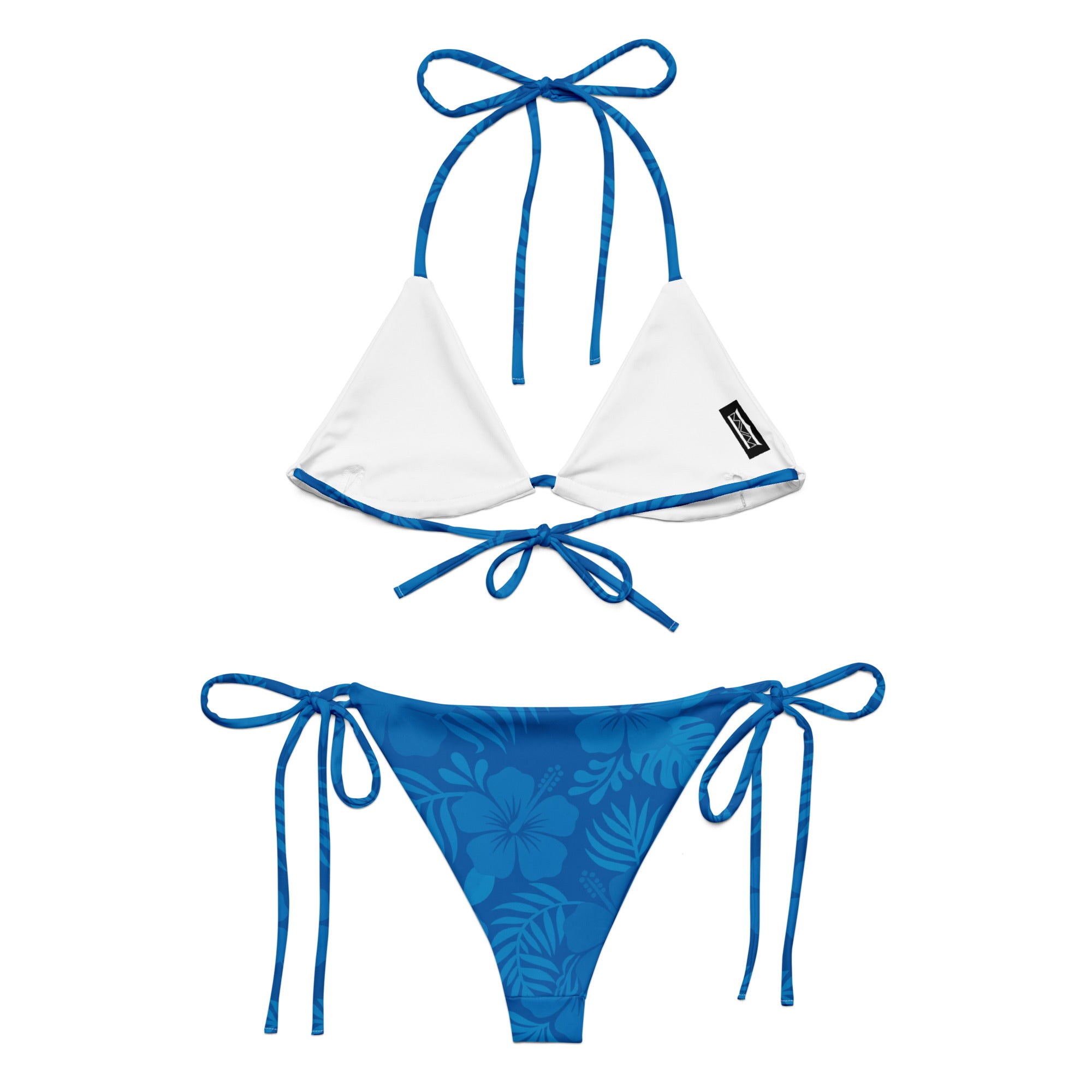 AI generated image of an Ocean Blue Hibiscus pattern recycled string bikini Product shot back