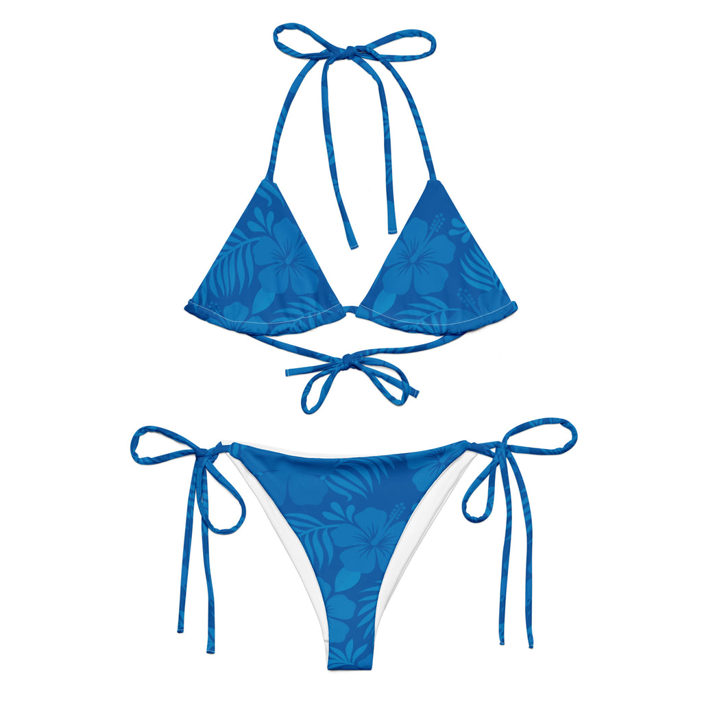 AI generated image of an Ocean Blue Hibiscus pattern recycled string bikini Product shot front