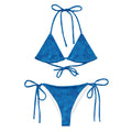 AI generated image of an Ocean Blue Hibiscus pattern recycled string bikini Product shot front