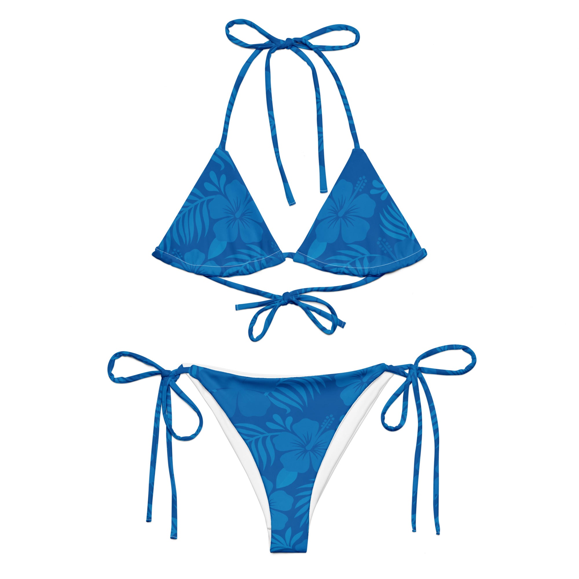 AI generated image of an Ocean Blue Hibiscus pattern recycled string bikini Product shot front