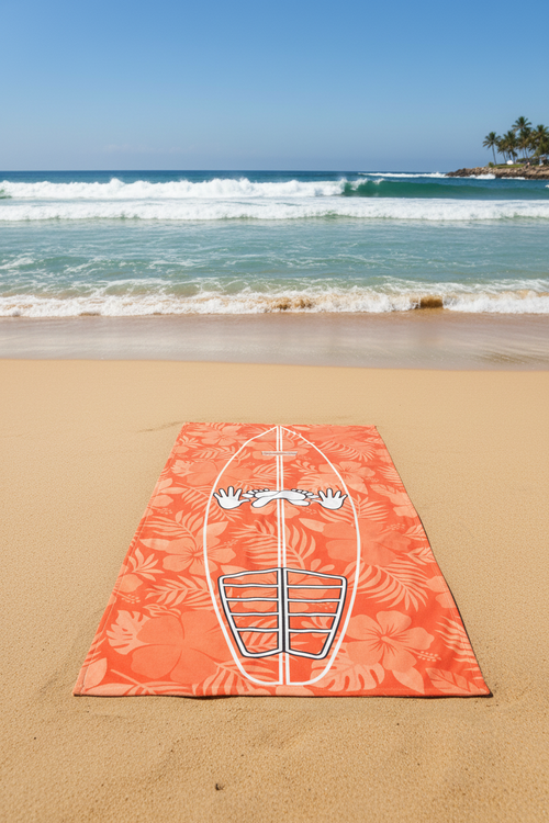 AI generated images of a Coral Hibiscus Surf Pop-Up Training Mat – Oversized Quick-Dry Beach Towel with Stance Placement Guide on a surf beach