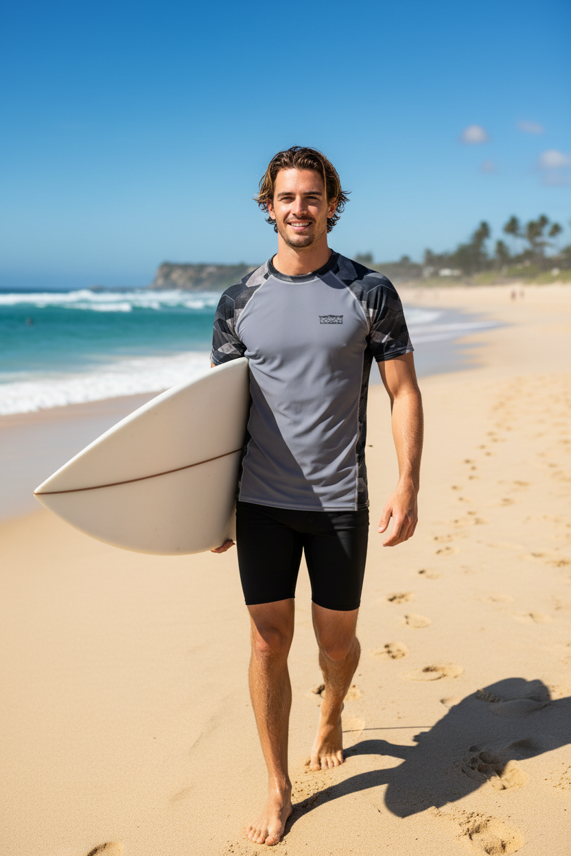 A man walking on a sandy beach carrying a white surfboard under his arm, wearing a gray and black MVM Sci Fi Camo short-sleeve rash vest with black swim shorts.