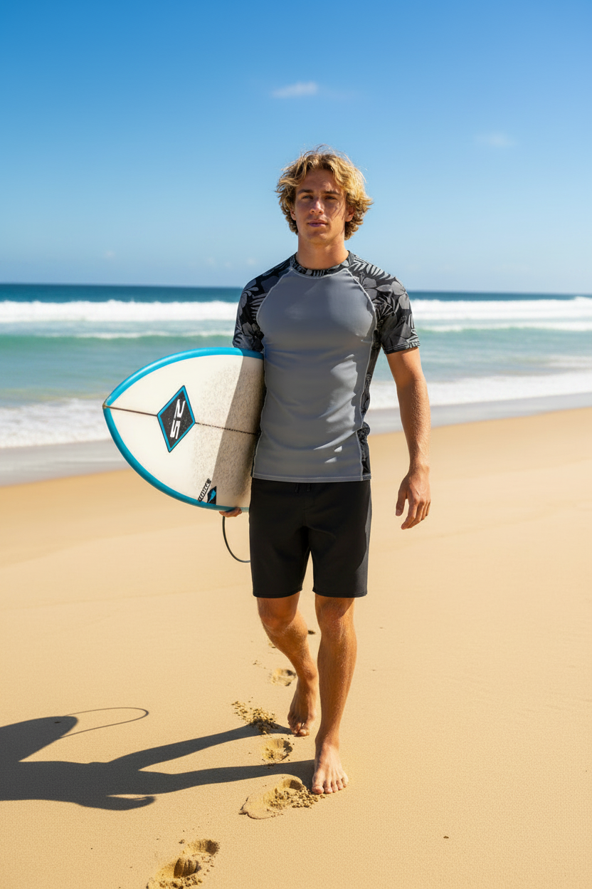 A man walking on a sandy beach carrying a white surfboard under his arm, wearing a gray and Black Hibiscus Recycled Short Sleeved Rash Guard and black shorts, with the ocean and blue sky in the background.