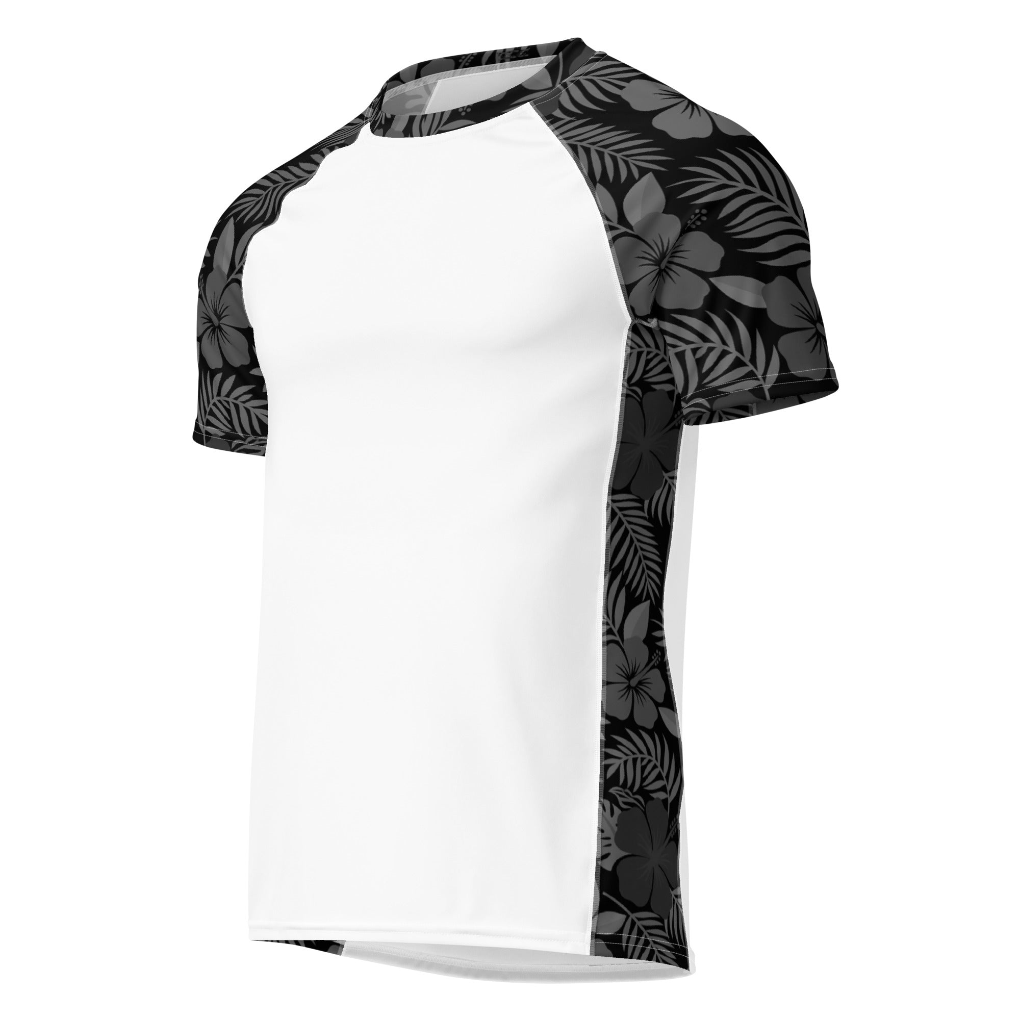Majestic Vision Black Hibiscus and White recycled rash vest with UPF 50+ protection, moisture-wicking performance fabric and bold surf-inspired artwork. Product image 1.