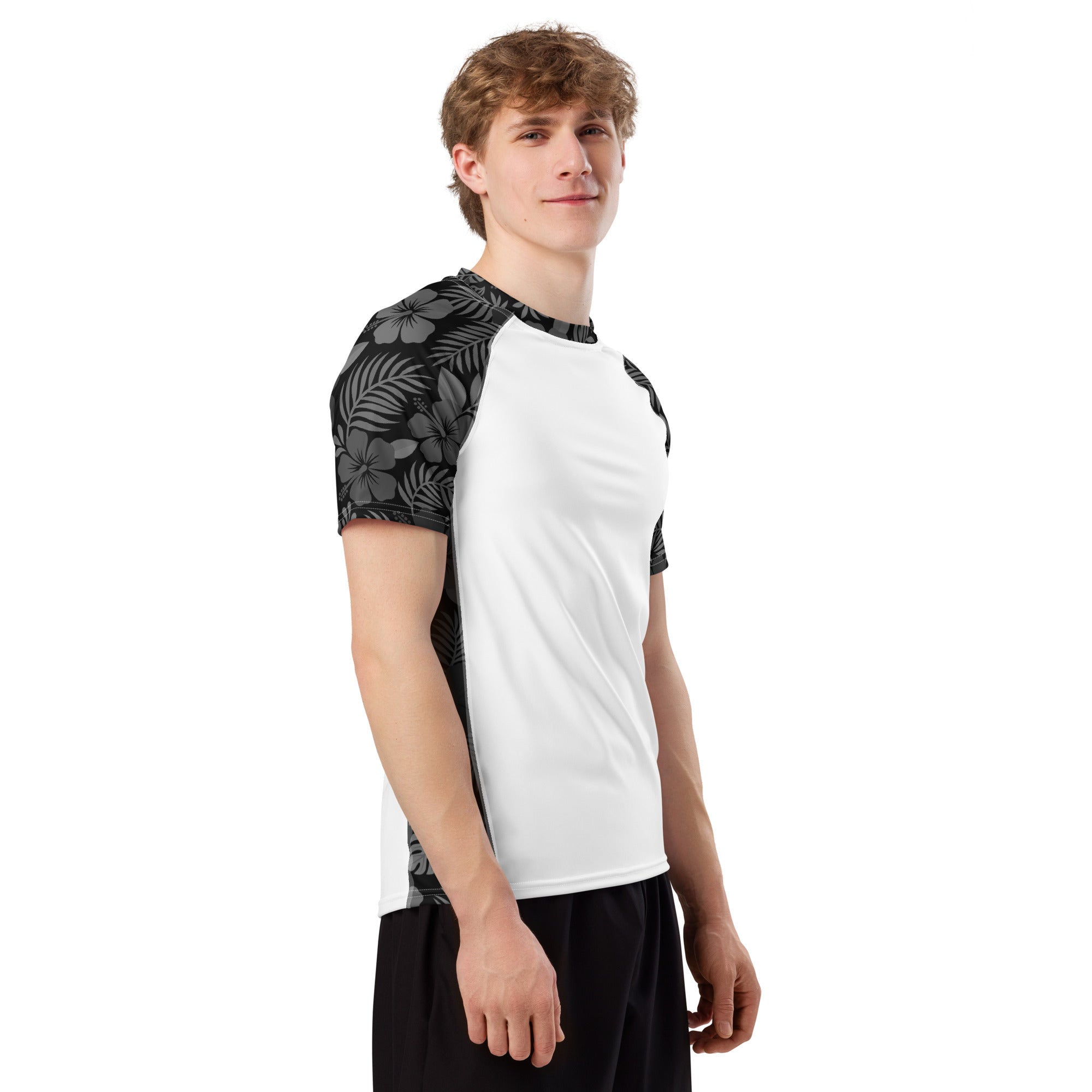 Majestic Vision Black Hibiscus and white recycled rash vest with UPF 50+ protection, moisture-wicking performance fabric and bold surf-inspired artwork product mock up.