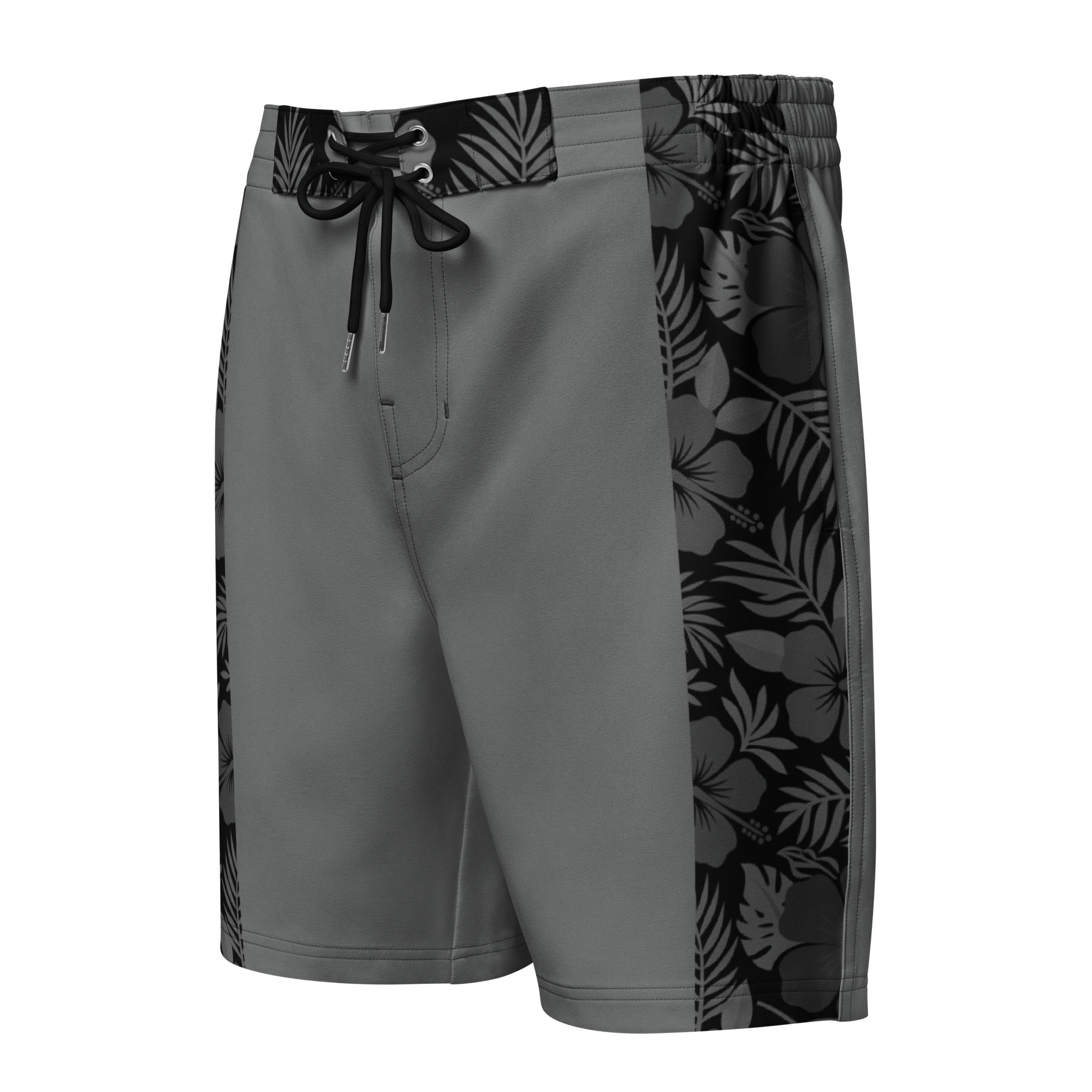 Majestic Vision Black Hibiscus men's board shorts with exclusive surf-inspired artwork, quick-drying stretch fabric and adjustable drawcord waistband. Product mockup 1