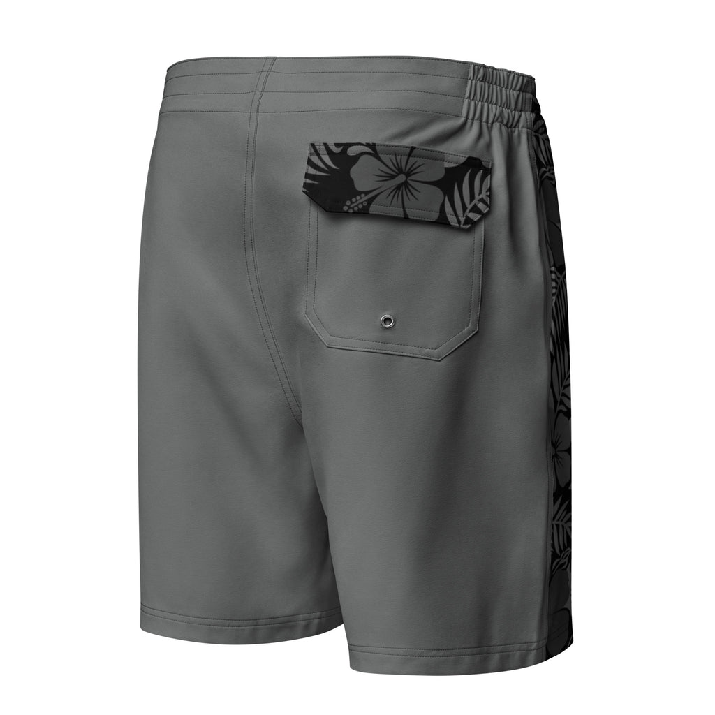 Majestic Vision Black Hibiscus men's board shorts with exclusive surf-inspired artwork, quick-drying stretch fabric and adjustable drawcord waistband. Product mockup back