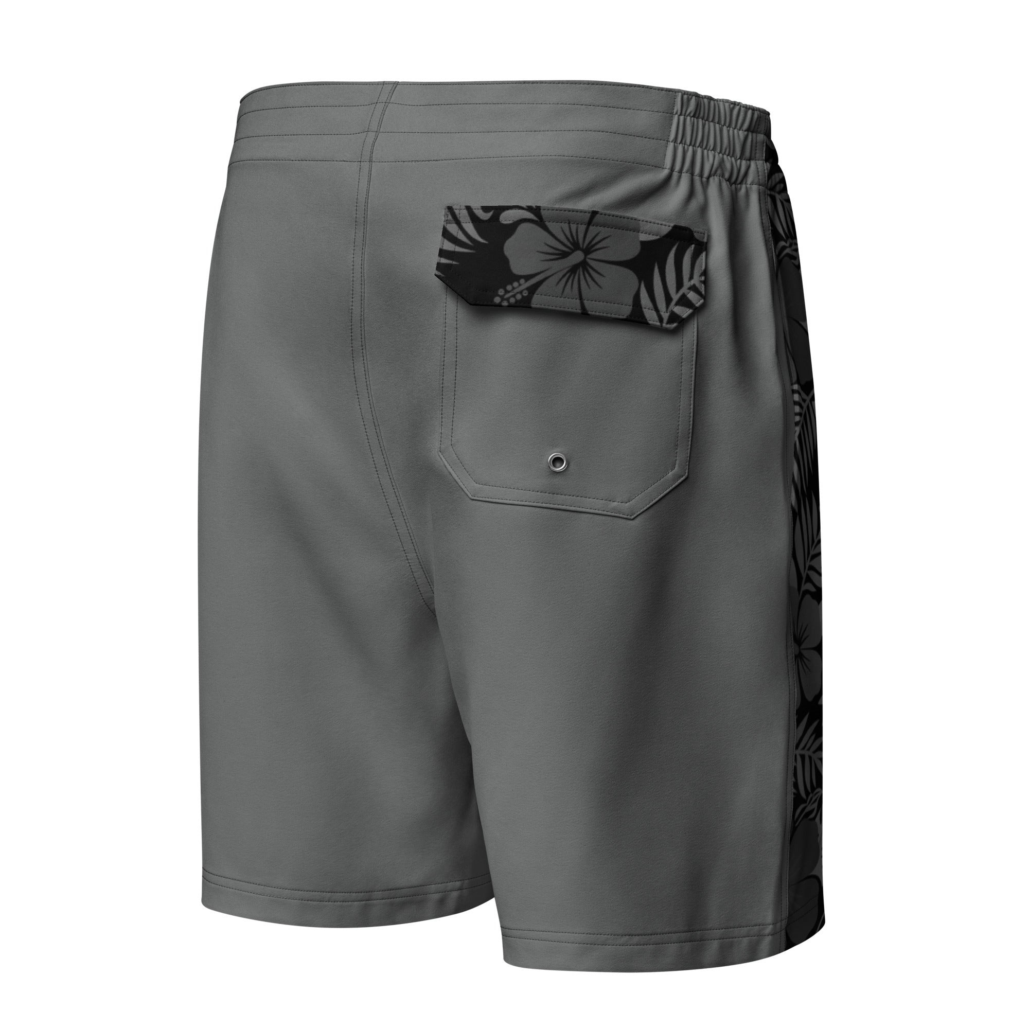 Majestic Vision Black Hibiscus men's board shorts with exclusive surf-inspired artwork, quick-drying stretch fabric and adjustable drawcord waistband. Product mockup back