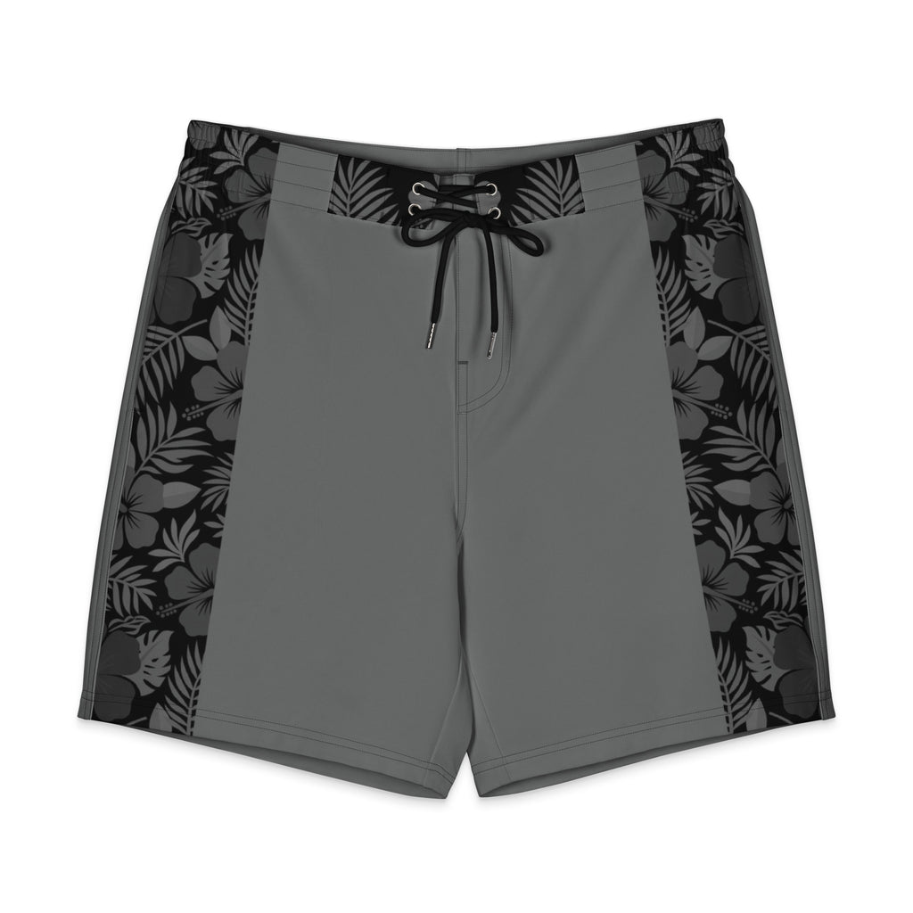 Majestic Vision Black Hibiscus men's board shorts with exclusive surf-inspired artwork, quick-drying stretch fabric and adjustable drawcord waistband. Product mockup front 2