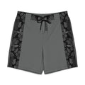 Majestic Vision Black Hibiscus men's board shorts with exclusive surf-inspired artwork, quick-drying stretch fabric and adjustable drawcord waistband. Product mockup front 2