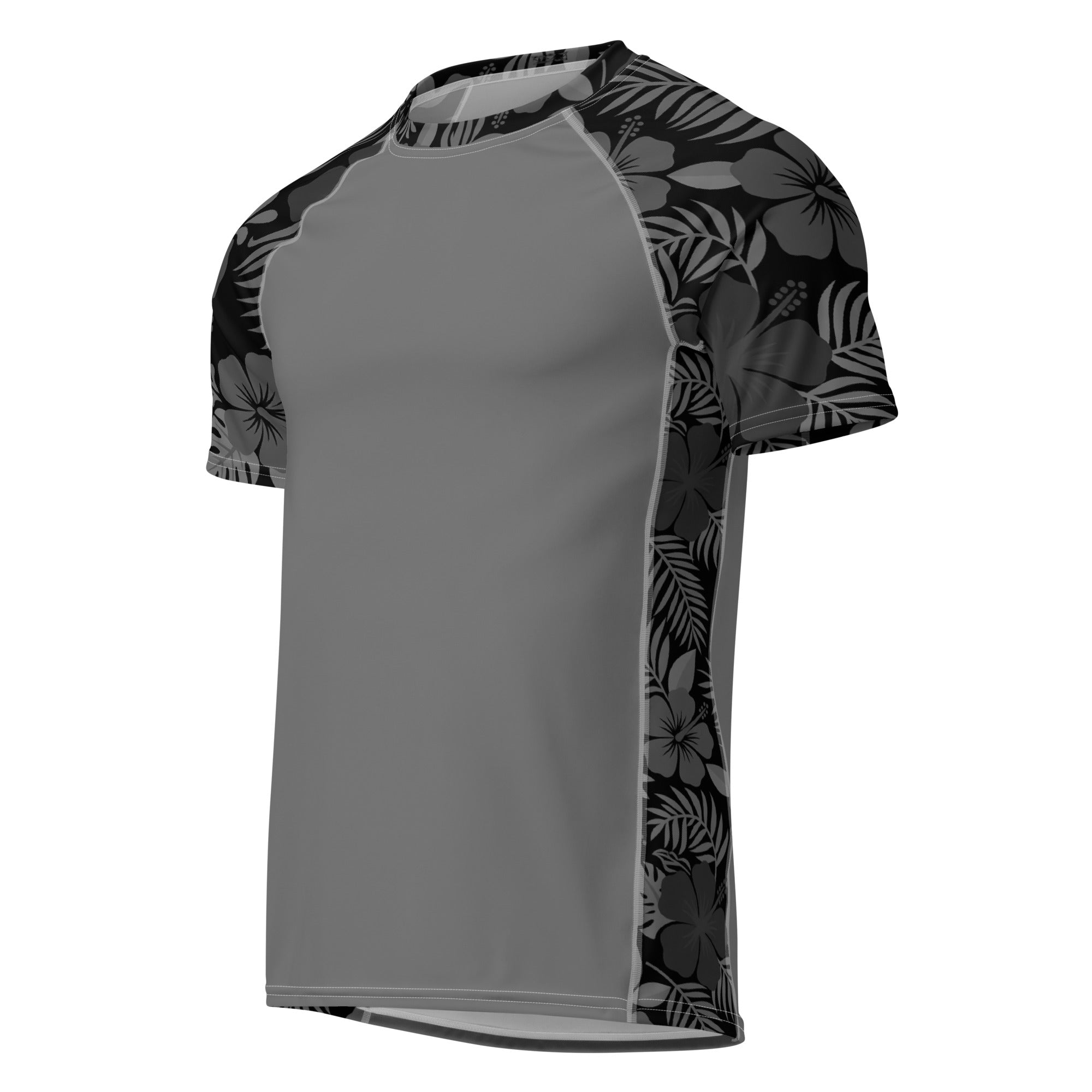 Majestic Vision Black Hibiscus recycled rash vest with UPF 50+ protection, moisture-wicking performance fabric and bold surf-inspired artwork. Recycled Short Sleeved Rash Guard Product mockup 1.
